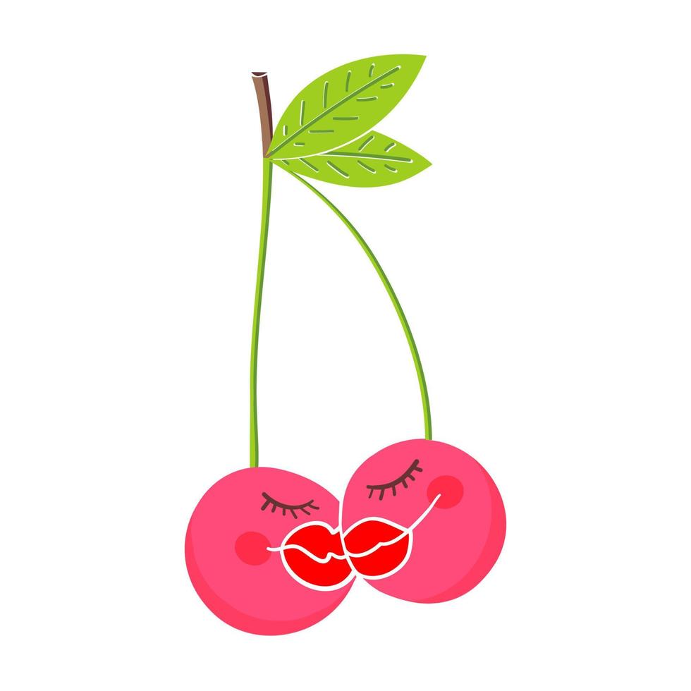Cute cartoon cherry couple kissing. Funny vector illustrations of Valentines Day characters.