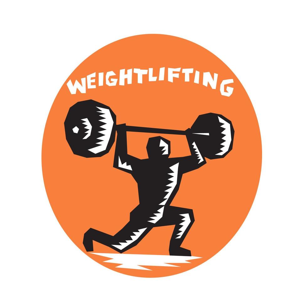 Weightlifter Lifting Weights Oval Woodcut vector