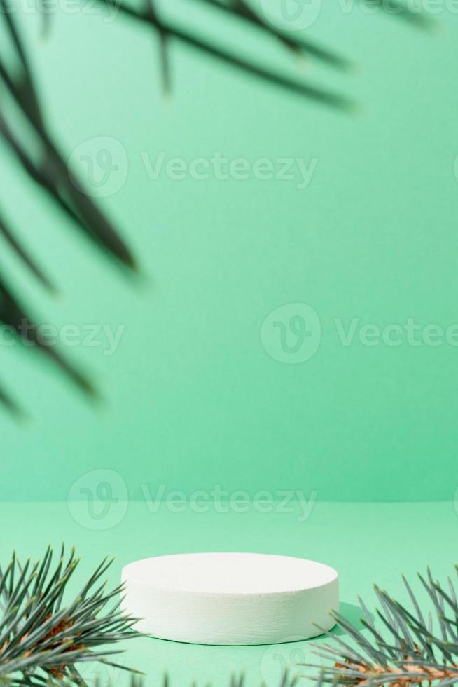 A minimalistic scene of a podium with christmas pine tree on green background photo