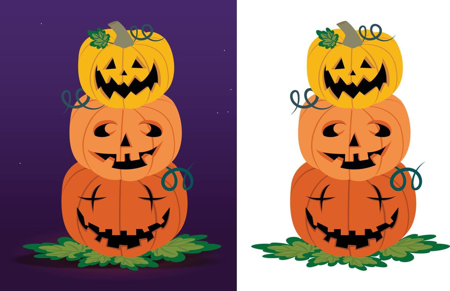 cara espeluznante de calabaza de halloween con hoja de calabaza sobre fondo morado y blanco vector