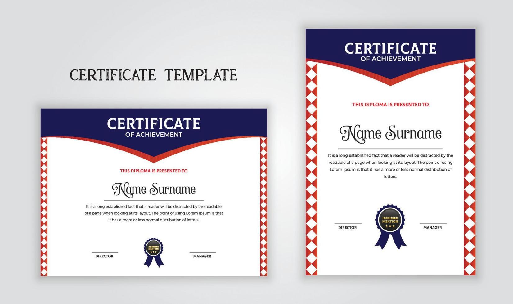 plantilla de diseño de certificado plano simple con marco de adorno rojo. vector