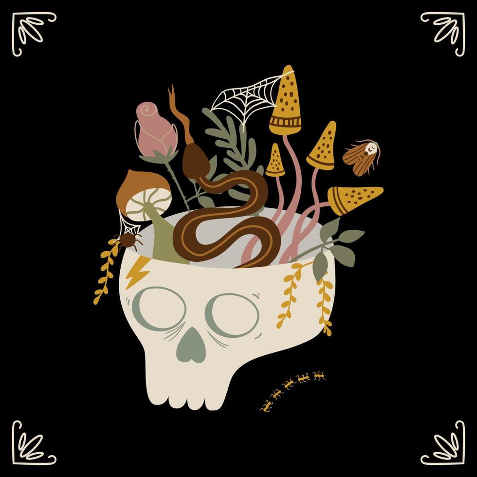 Human skull head as vase with flowers, mushrooms, Funny gothic concept dark academia. Mystical isolated element. Witchcraft vector illustration. Cute mystery human skull head gothic. Vector logo.