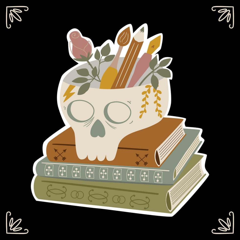 Skull vase skull sticker back to school gothic concept dark academia books mystical pencil stand isolated element. Witchcraft vector illustration. Cute mystery human skull head gothic. Mystery poster.