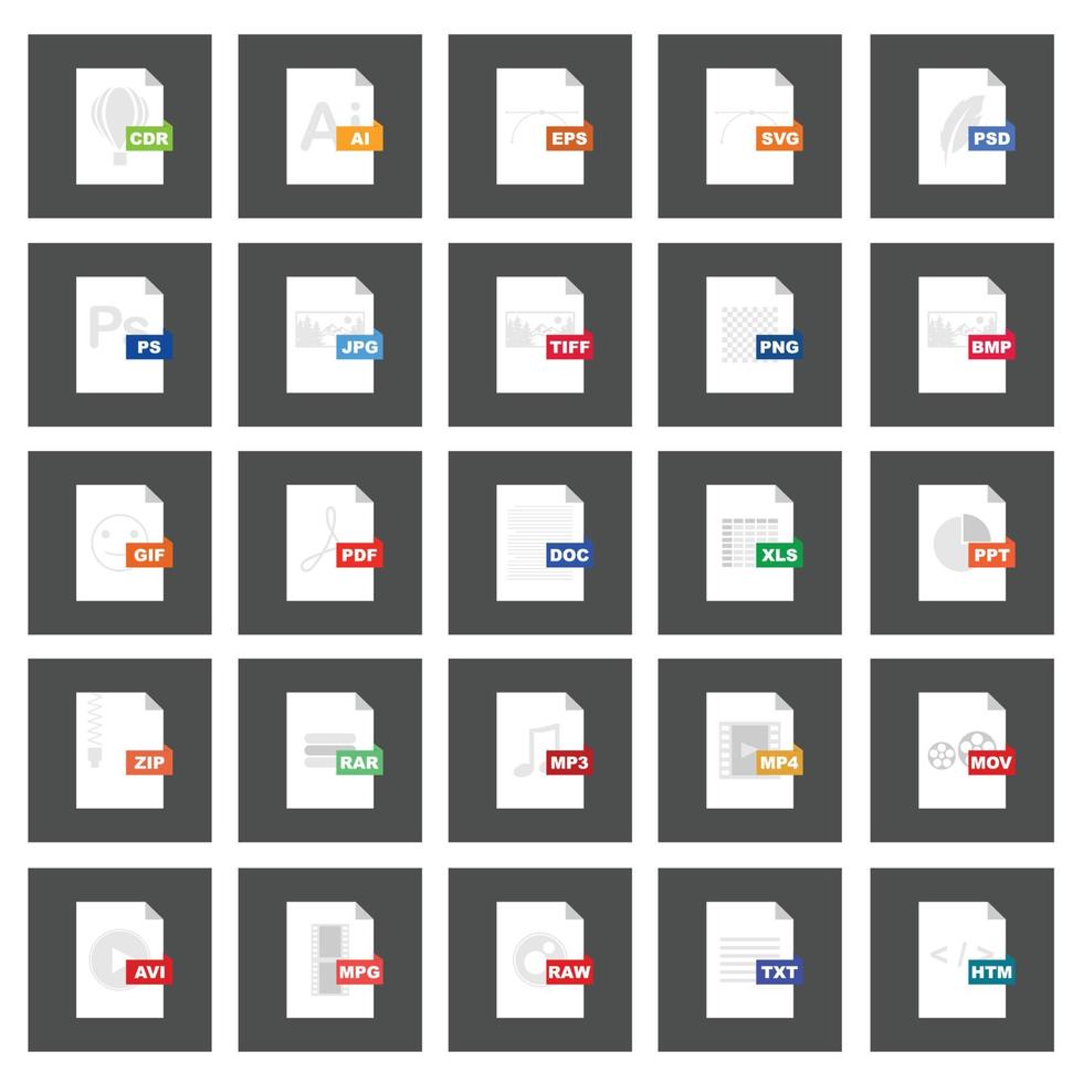 File type icons. Format and extension of documents. Set of pdf, doc, excel, png, jpg, psd, gif, csv, xls, ppt, html, txt and others. Icons for download on computer. Graphic templates for ui. Vector. vector