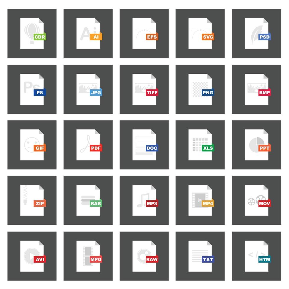 File type icons. Format and extension of documents. Set of pdf, doc, excel, png, jpg, psd, gif, csv, xls, ppt, html, txt and others. Icons for download on computer. Graphic templates for ui. Vector. vector