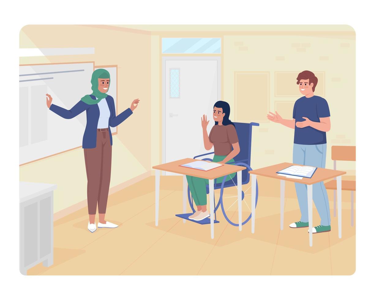 School lesson 2D vector isolated illustration. Students and teacher flat characters on cartoon background. Convenient classroom colourful editable scene for mobile, website, presentation