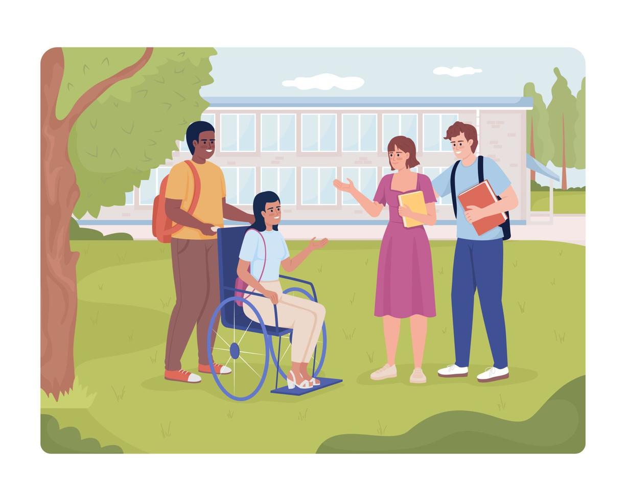 School break 2D vector isolated illustration. Social inclusion. Friends chatting flat characters on cartoon background. School yard colourful editable scene for mobile, website, presentation