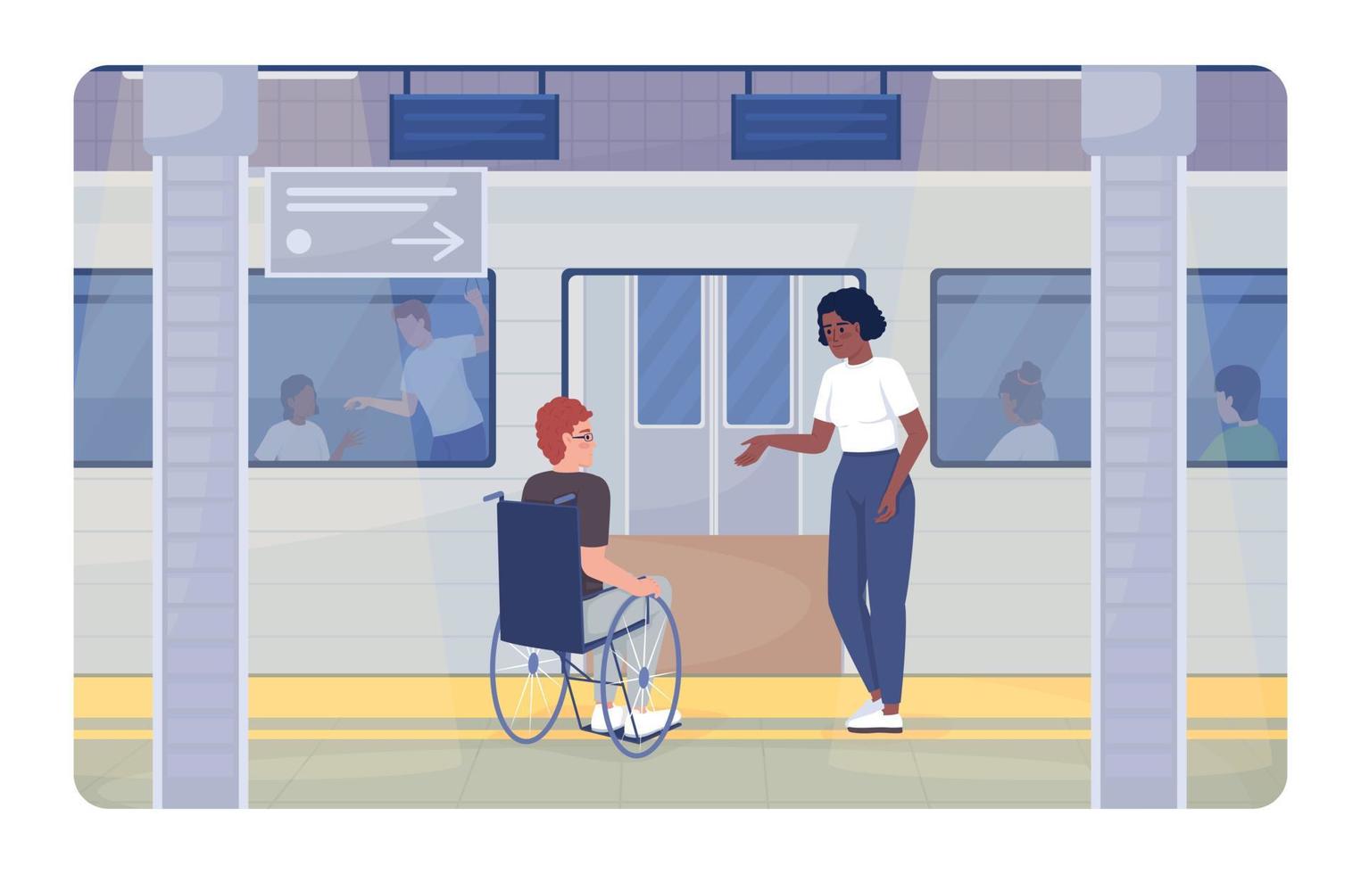 Disabled person commuting 2D vector isolated illustration. Offering support flat characters on cartoon background. Subway station colourful editable scene for mobile, website, presentation