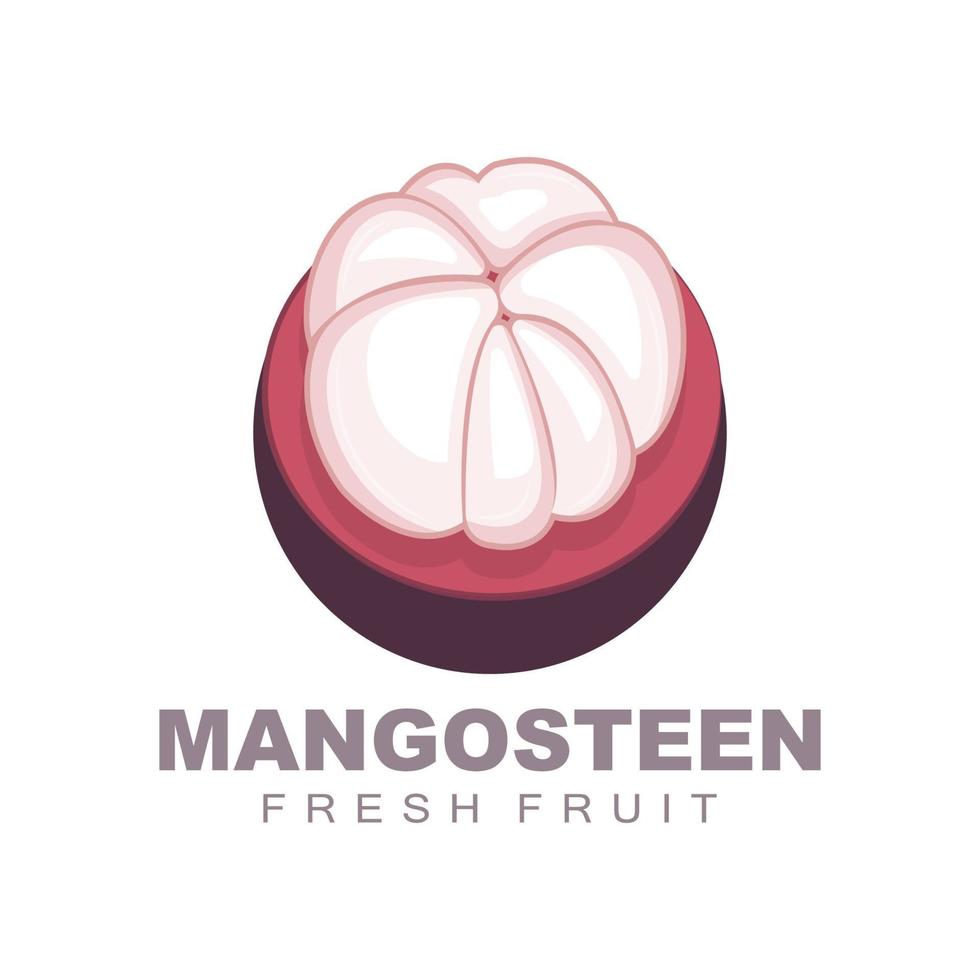 logotipo de mangostán, ilustración de carne de mangostán, reina de fruta rica en vitaminas, diseño de plantilla de etiqueta de vector de logotipo de fruta