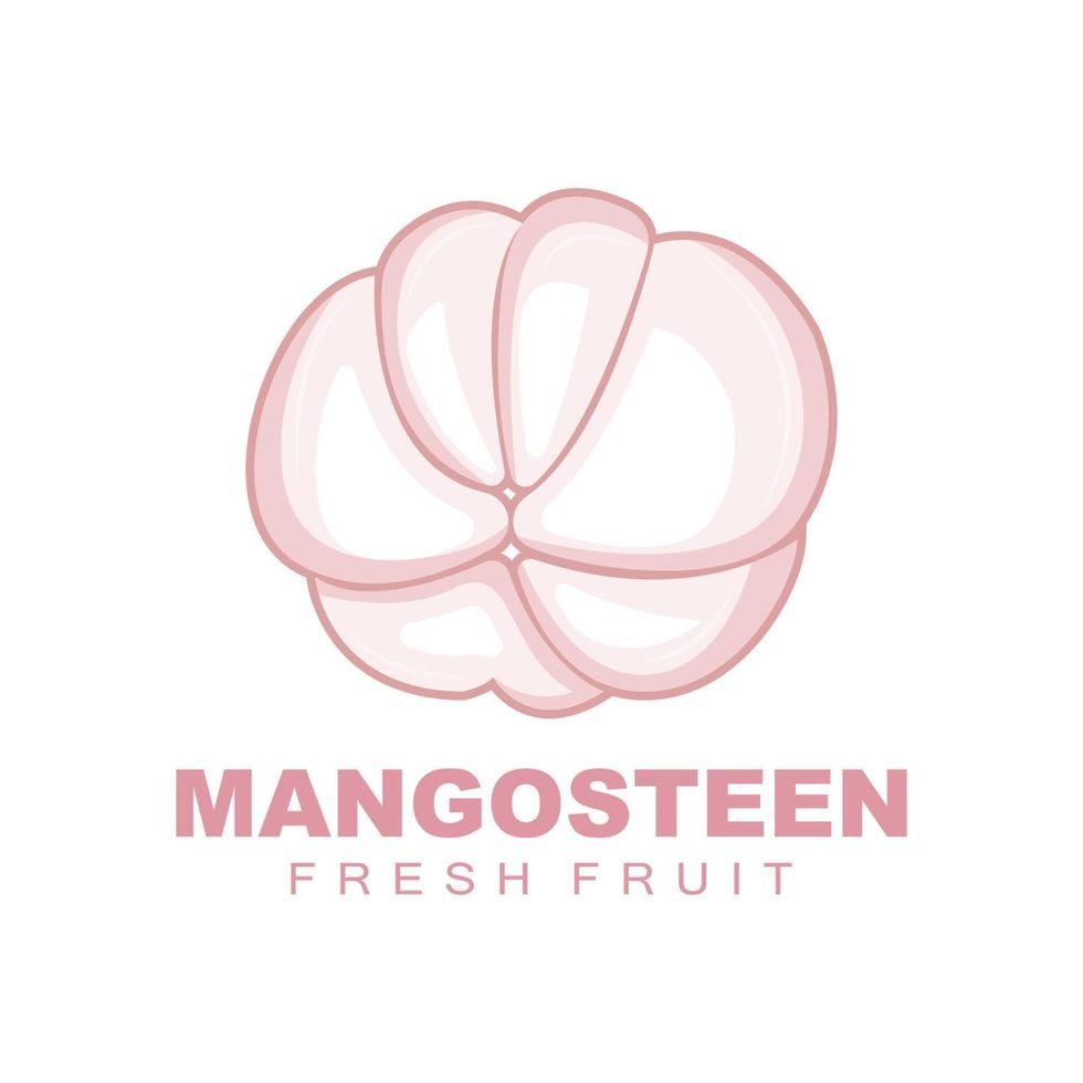 logotipo de mangostán, ilustración de carne de mangostán, reina de fruta rica en vitaminas, diseño de plantilla de etiqueta de vector de logotipo de fruta