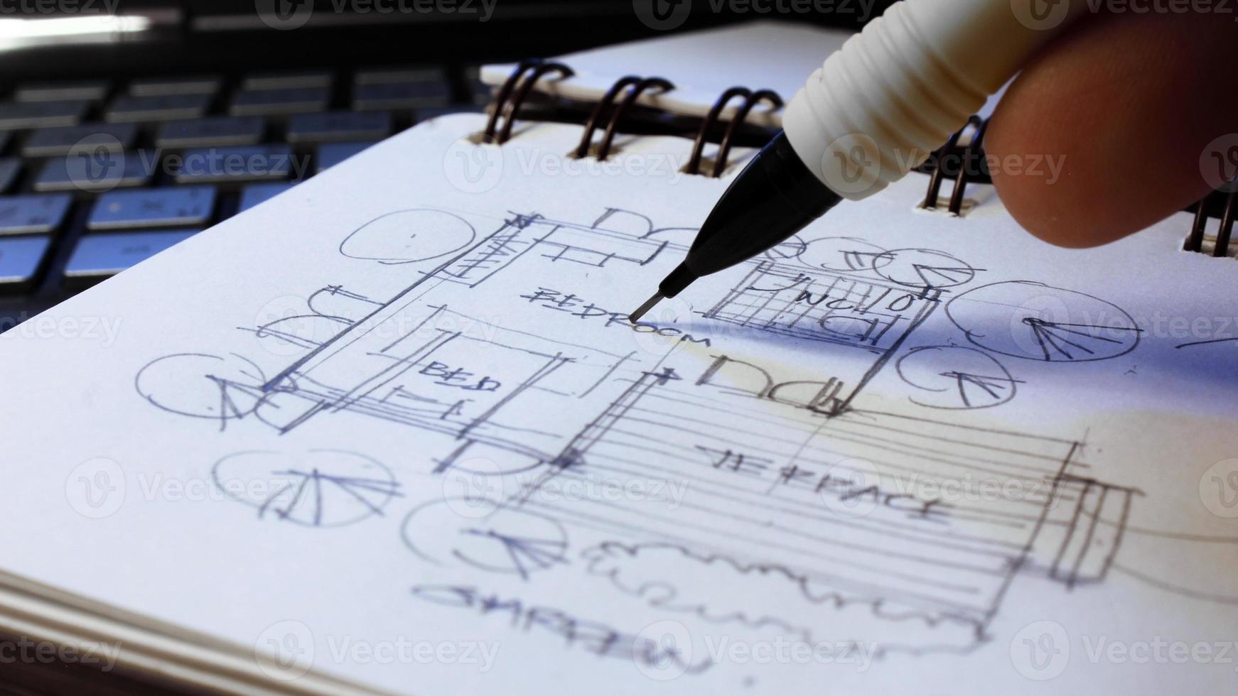 Architect's hands are sketching architectural plans with pencils on a sketchbook on a desk with a laptop. photo