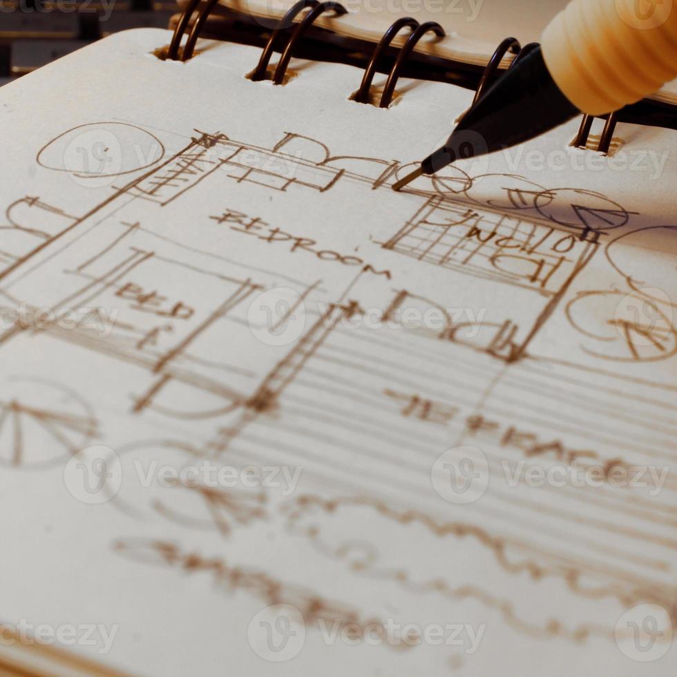 Architect's hands are sketching architectural plans with pencils on a sketchbook on a desk with a laptop. photo