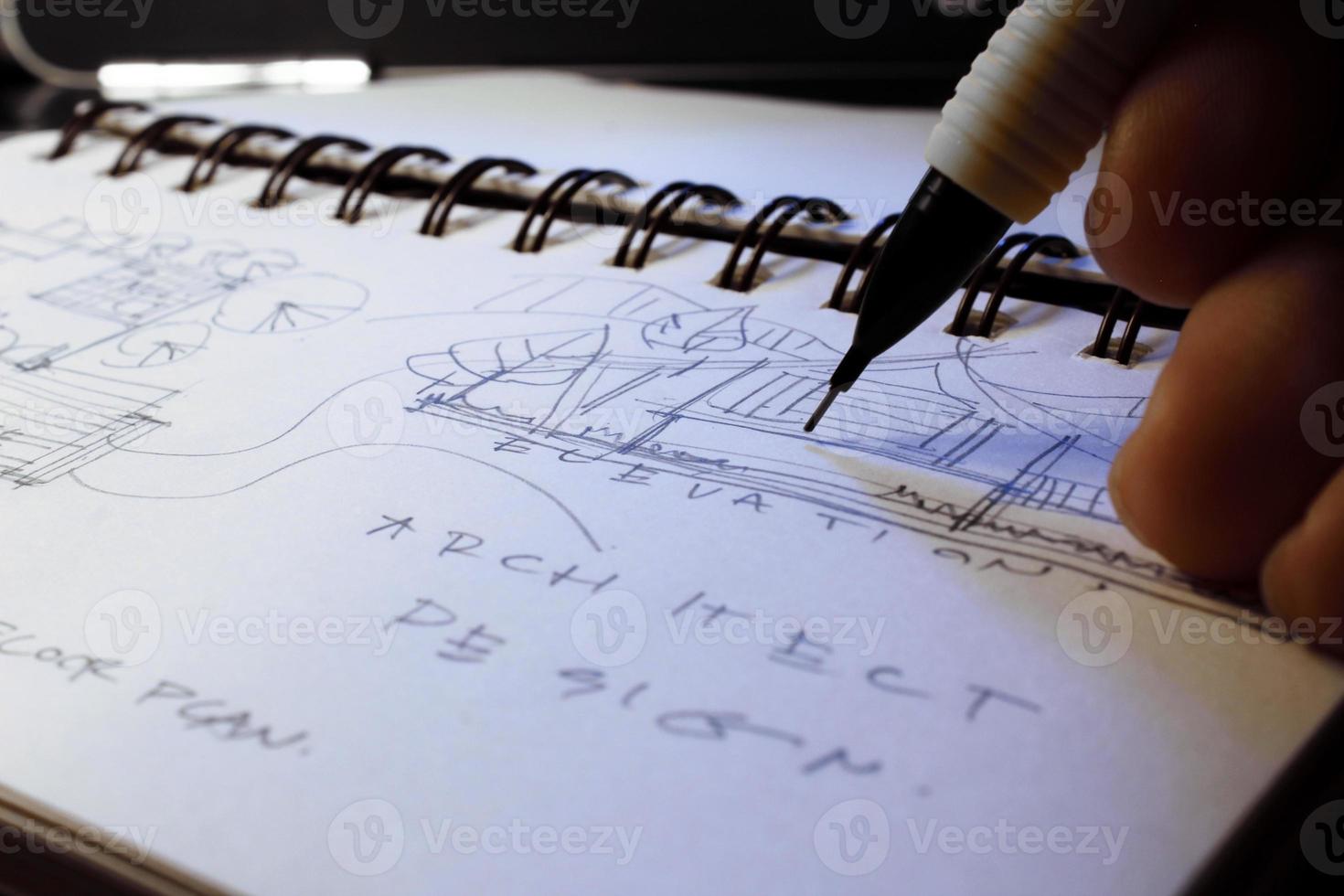 Architect's hands are sketching architectural plans with pencils on a sketchbook on a desk with a laptop. photo