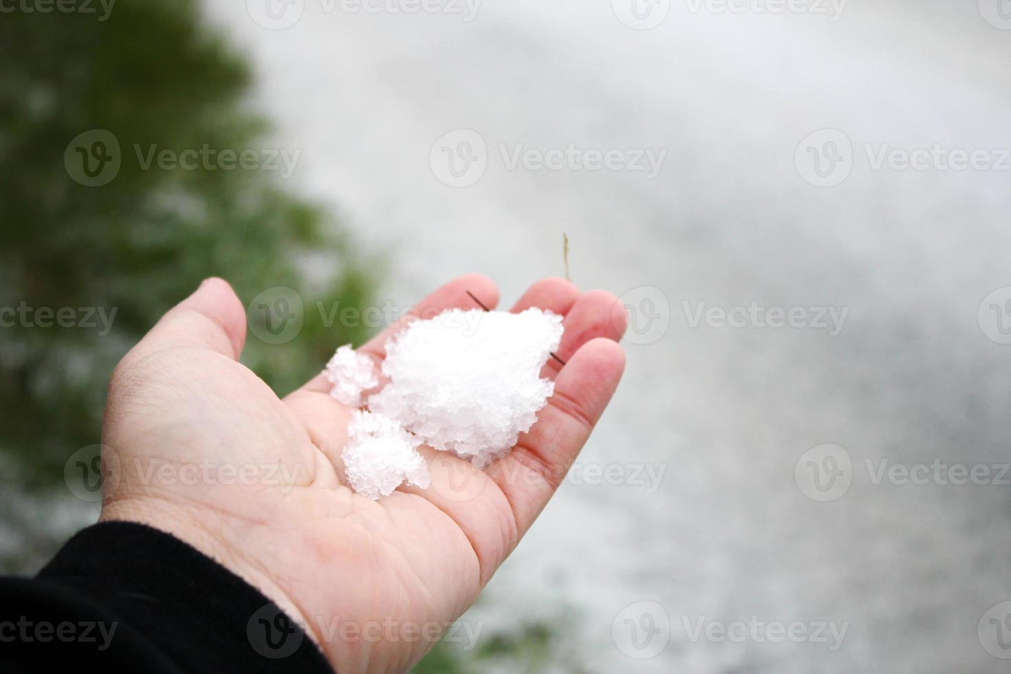 A man's hand holding snow in his hand after it snows against a snow-covered road in the background. photo