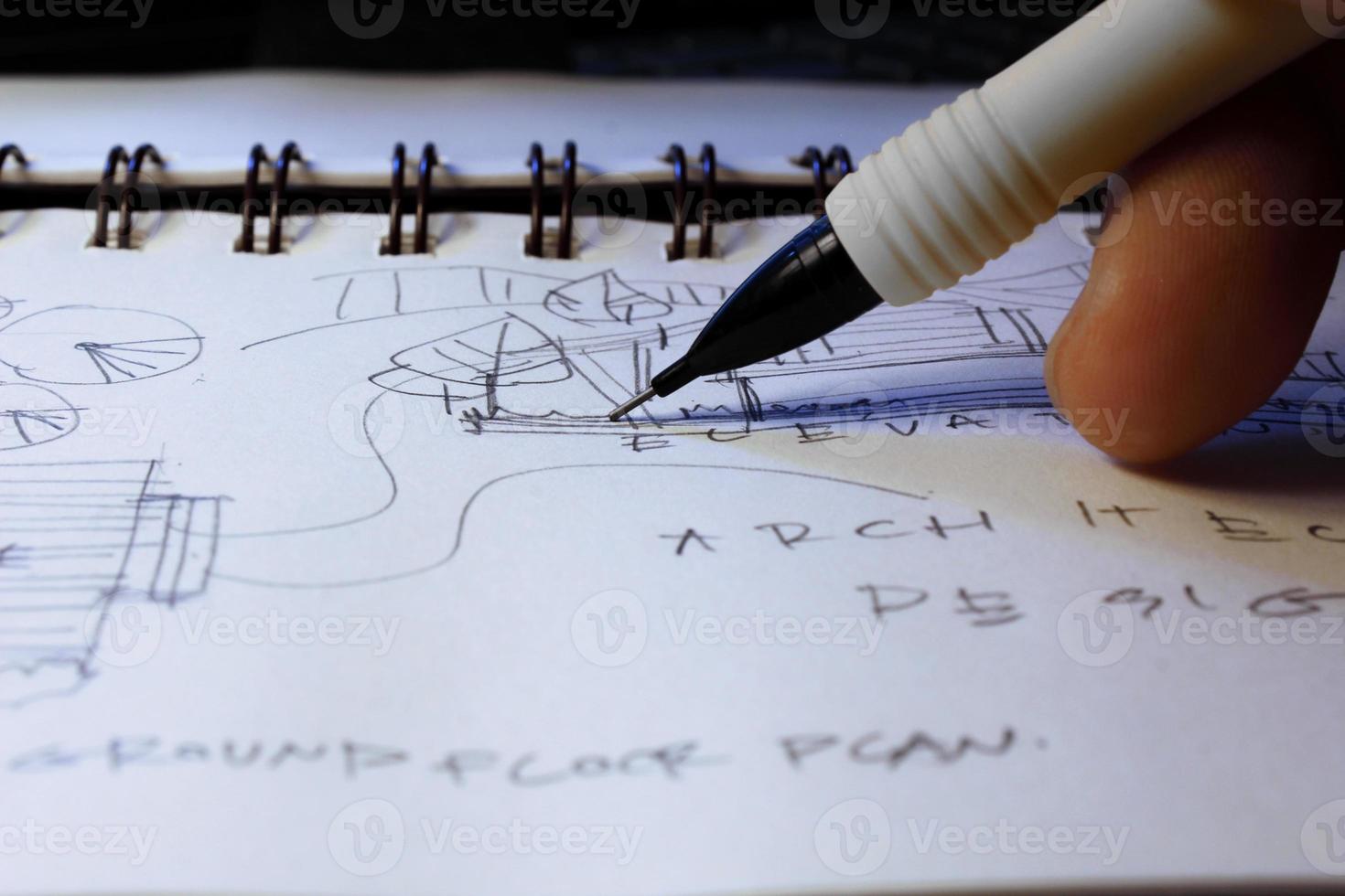 Architect's hands are sketching architectural plans with pencils on a sketchbook on a desk with a laptop. photo