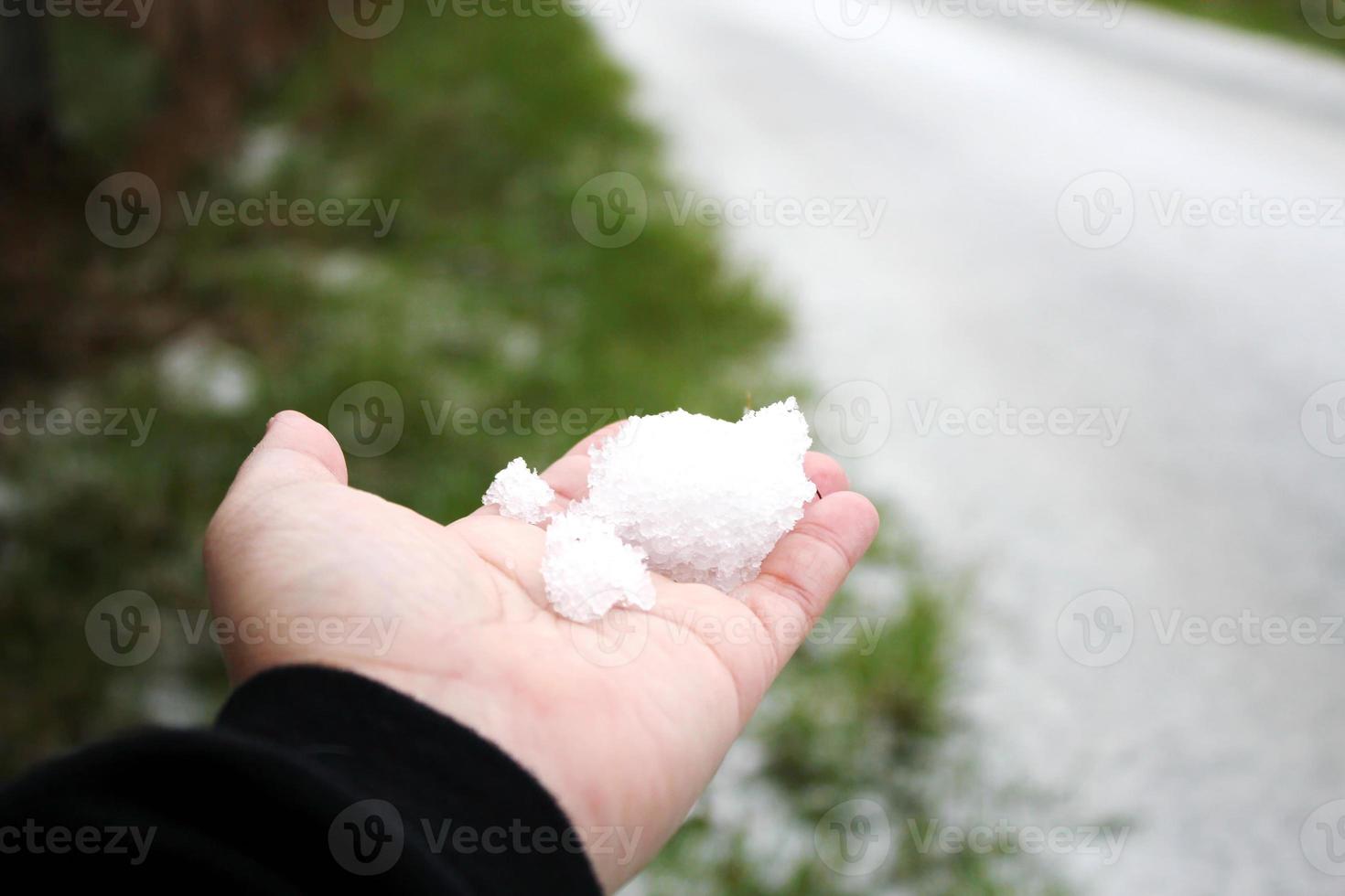 A man's hand holding snow in his hand after it snows against a snow-covered road in the background. photo