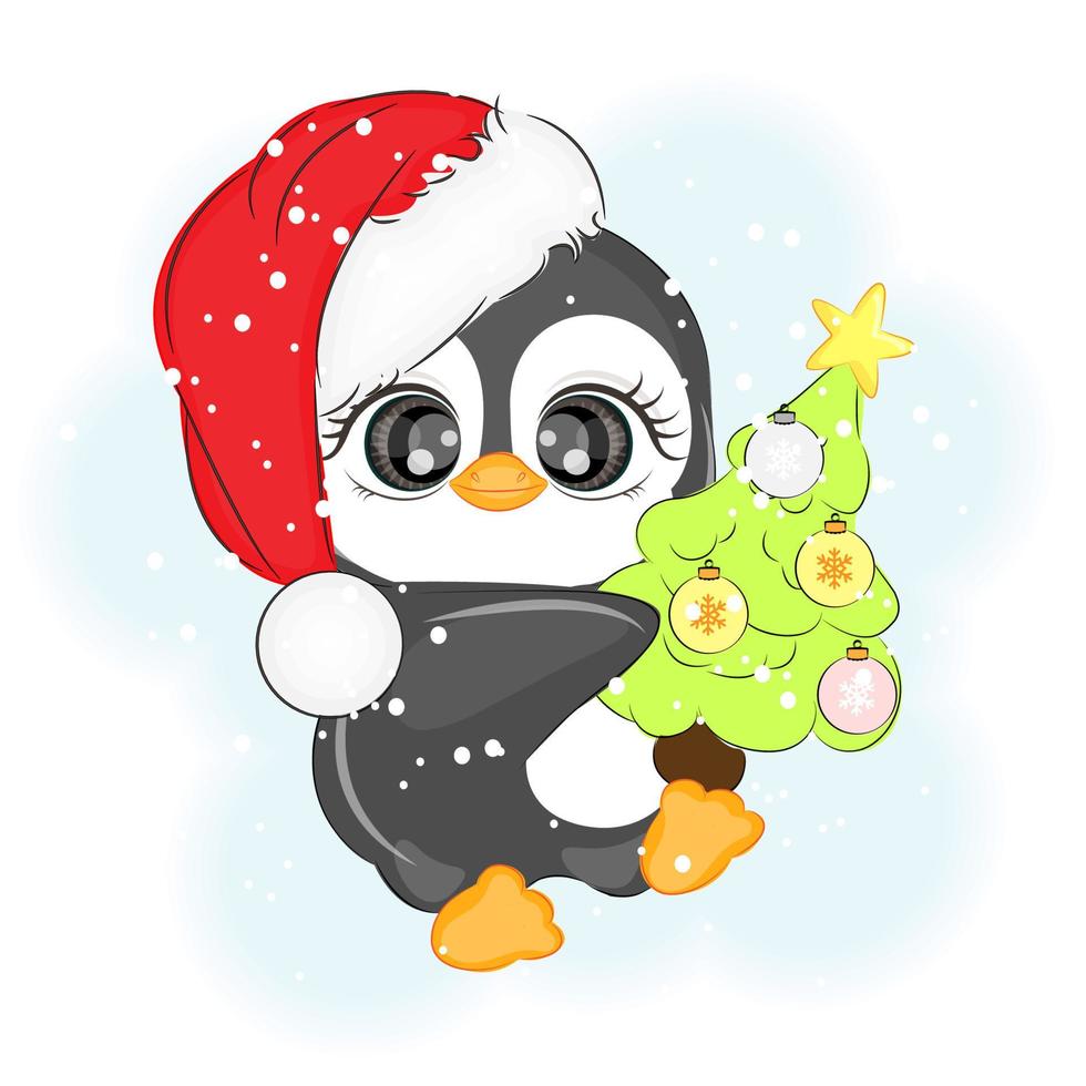 Christmas cute penguin with a Christmas tree, vector illustration