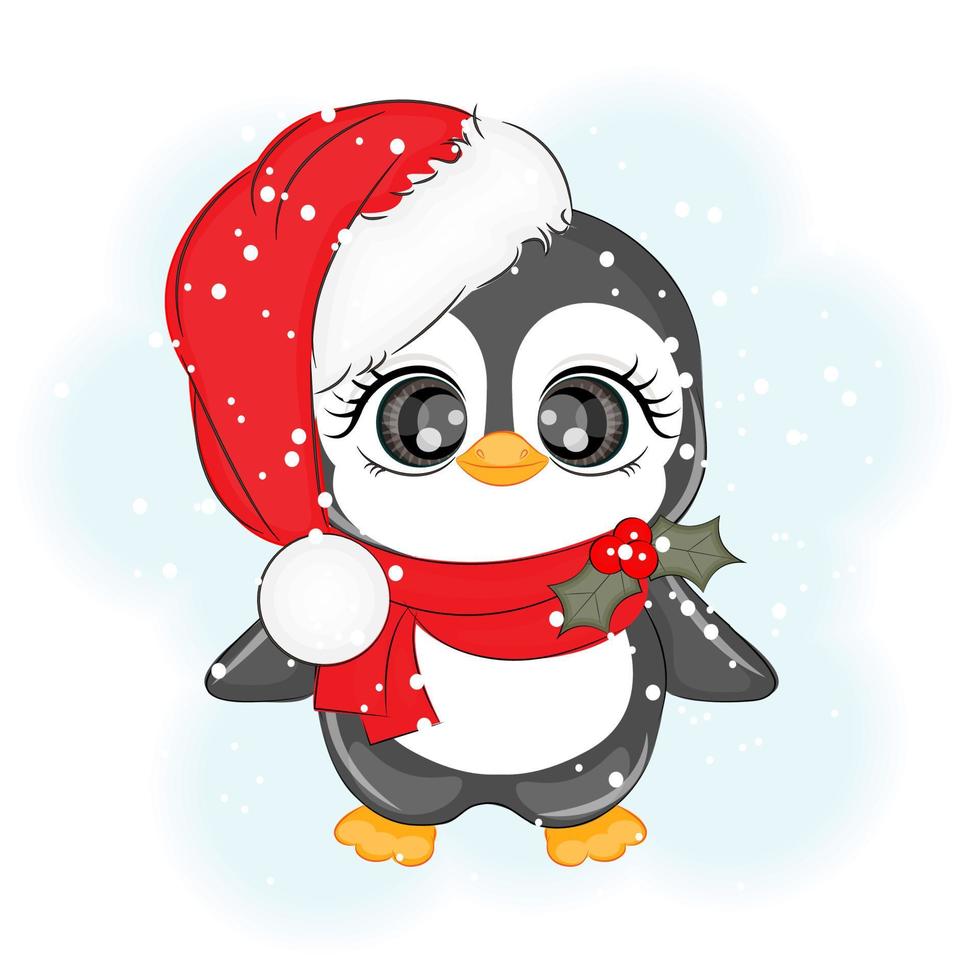 lindo pingüino en el sombrero de navidad de santa, ilustración vectorial vector