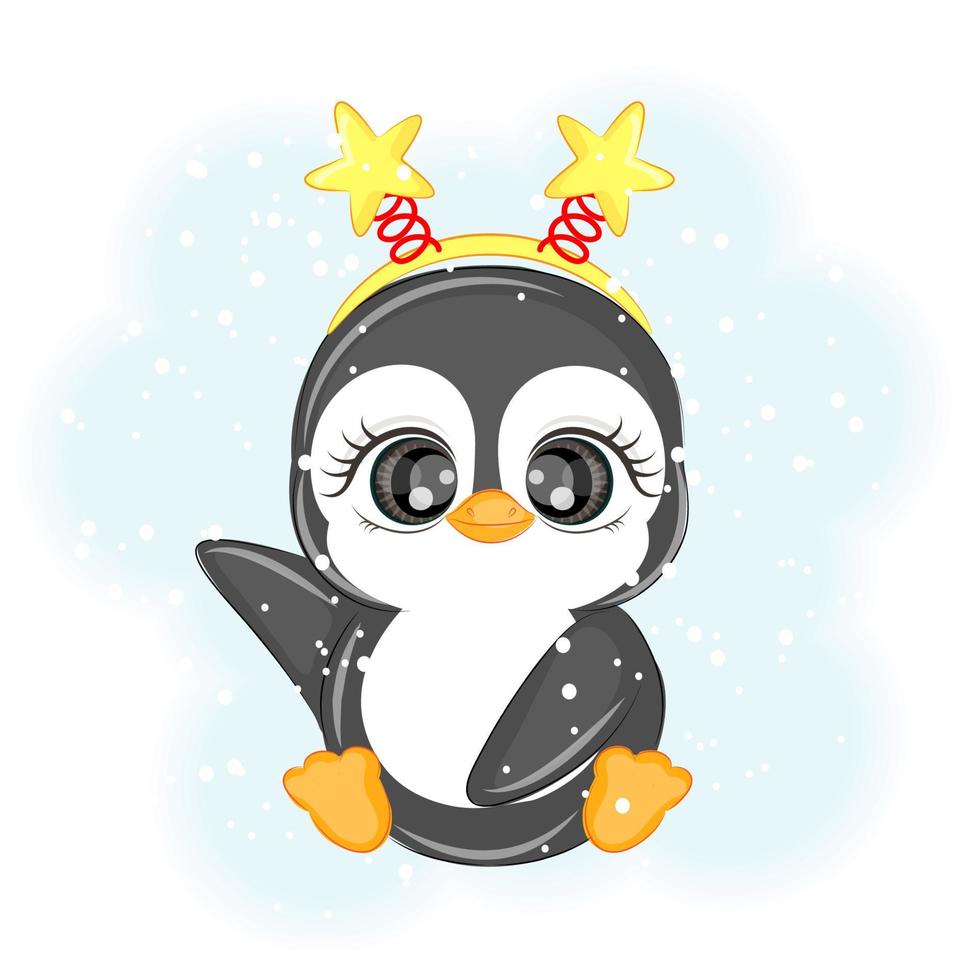 Pingüino lindo de navidad con estrellas en la cabeza, ilustración vectorial vector