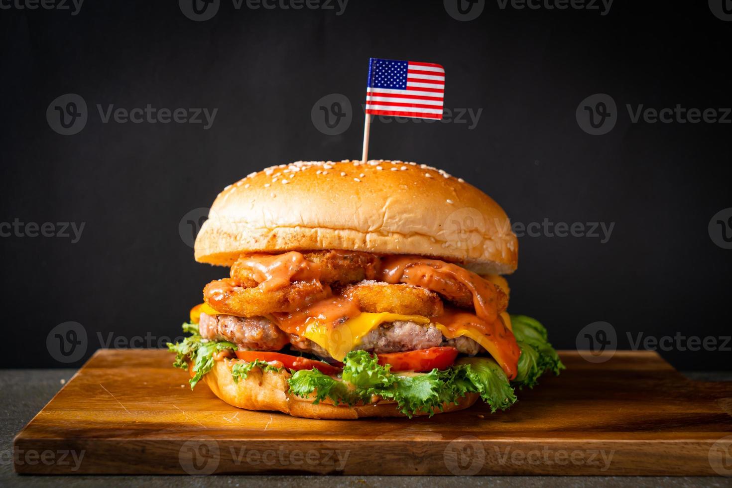 jumbo or giant burger - pork with cheese and fried nugget burger photo