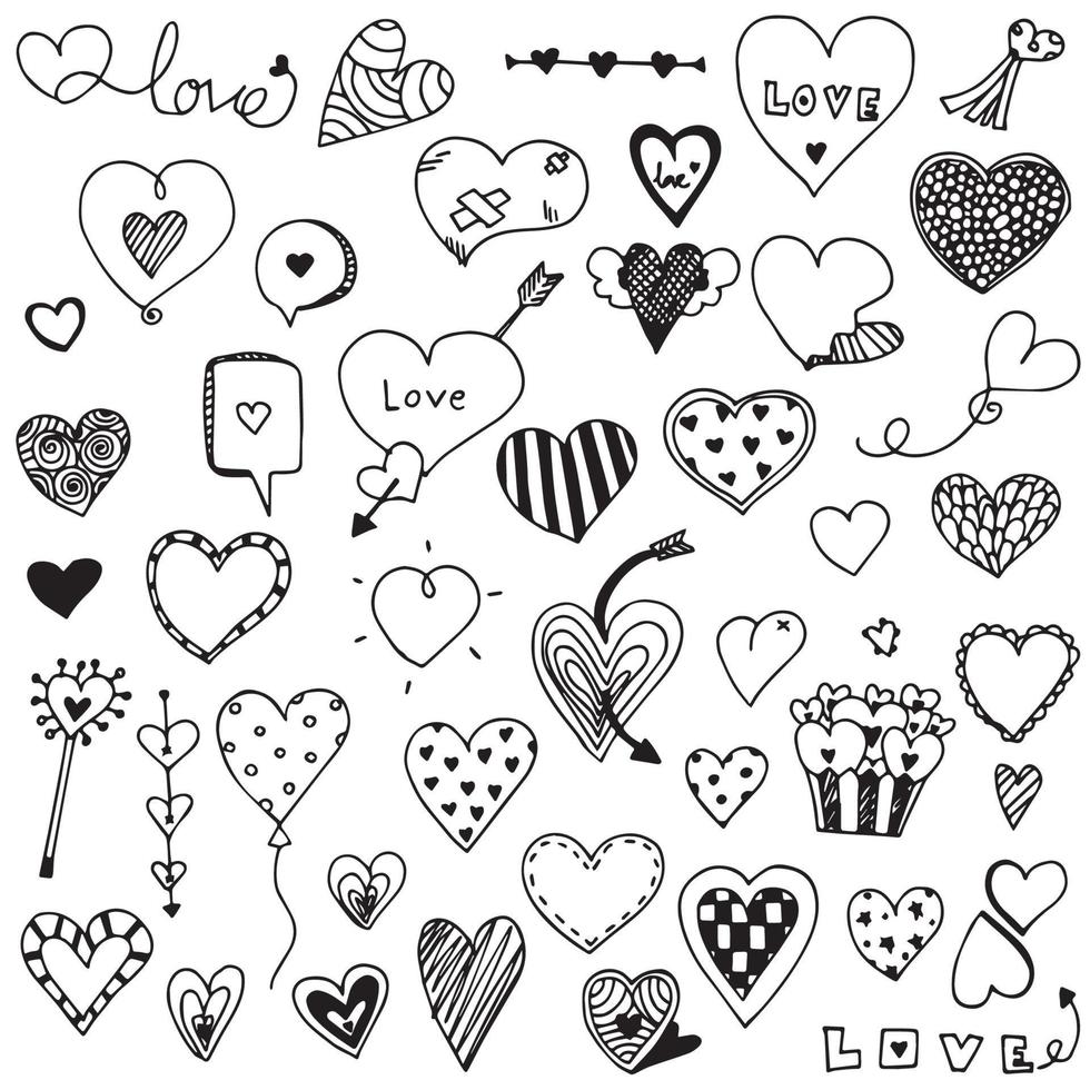 collection set of hand drawn cute heart doodle Valentine's elements, shape of love heart design vector illustration