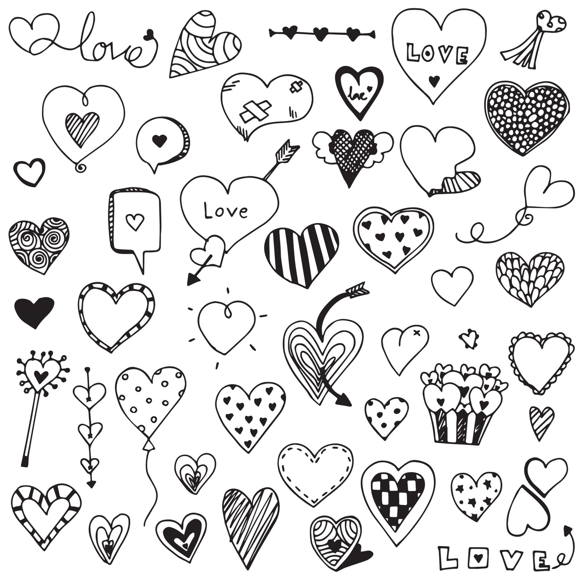 collection set of hand drawn cute heart doodle Valentine's elements ...