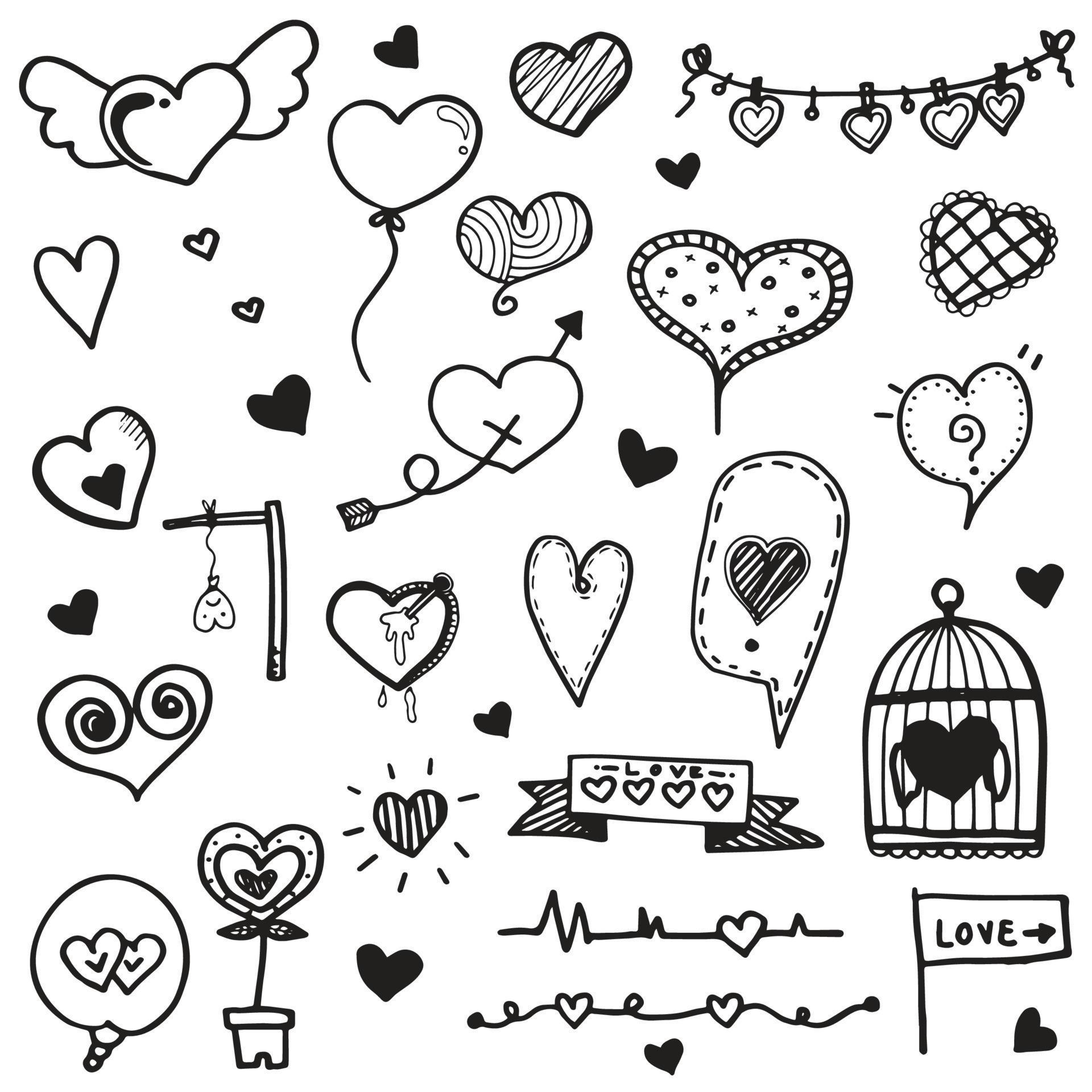 collection set of hand drawn cute heart doodle Valentine's elements ...
