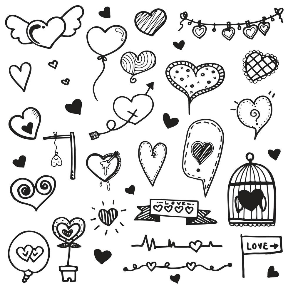 conjunto de colección de elementos de san valentín de doodle de corazón lindo dibujado a mano, forma de ilustración de vector de diseño de corazón de amor