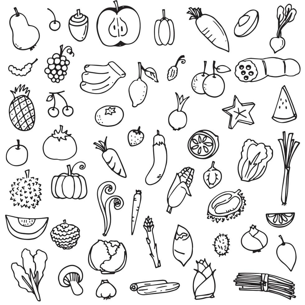 conjunto de ilustración vectorial de frutas y verduras garabato dibujado en contorno negro sobre fondo blanco vector