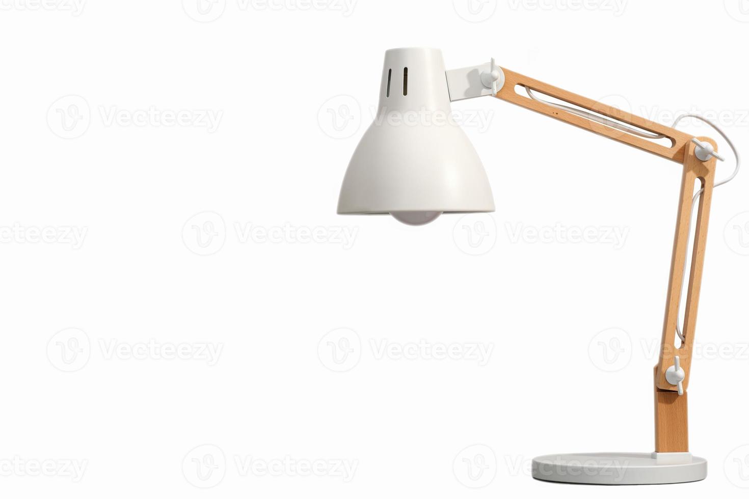 White Desk lamp with wooden stand isolated. Design element. Lighting for room, workplace. photo