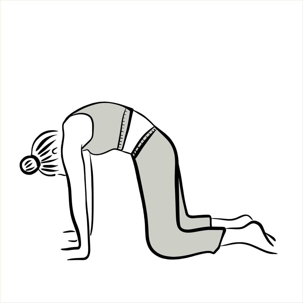 the girl is doing yoga. back exercise. workout. stretching. black and white outline illustration. sport woman. trainer. Instructor. fitness. outline vector