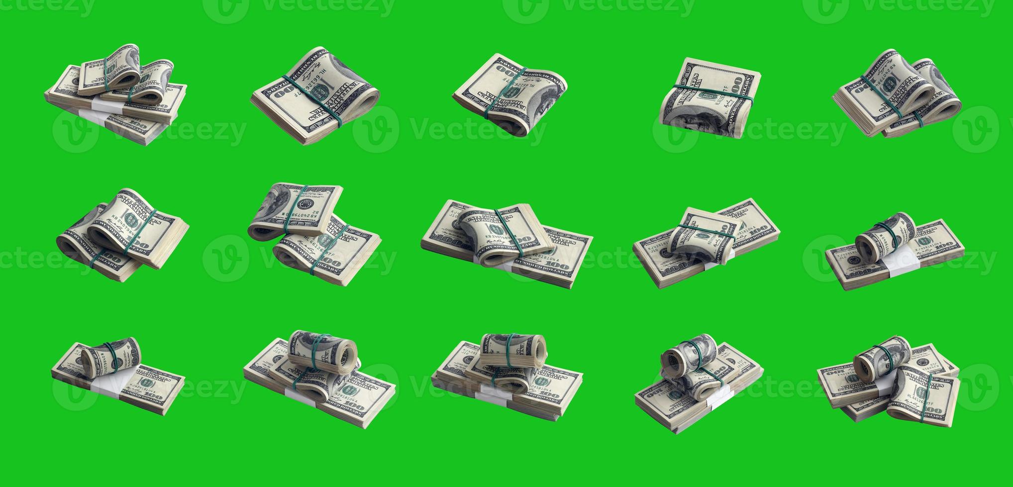 Big set of bundles of US dollar bills isolated on chroma key green. Collage with many packs of american money with high resolution on perfect green background photo