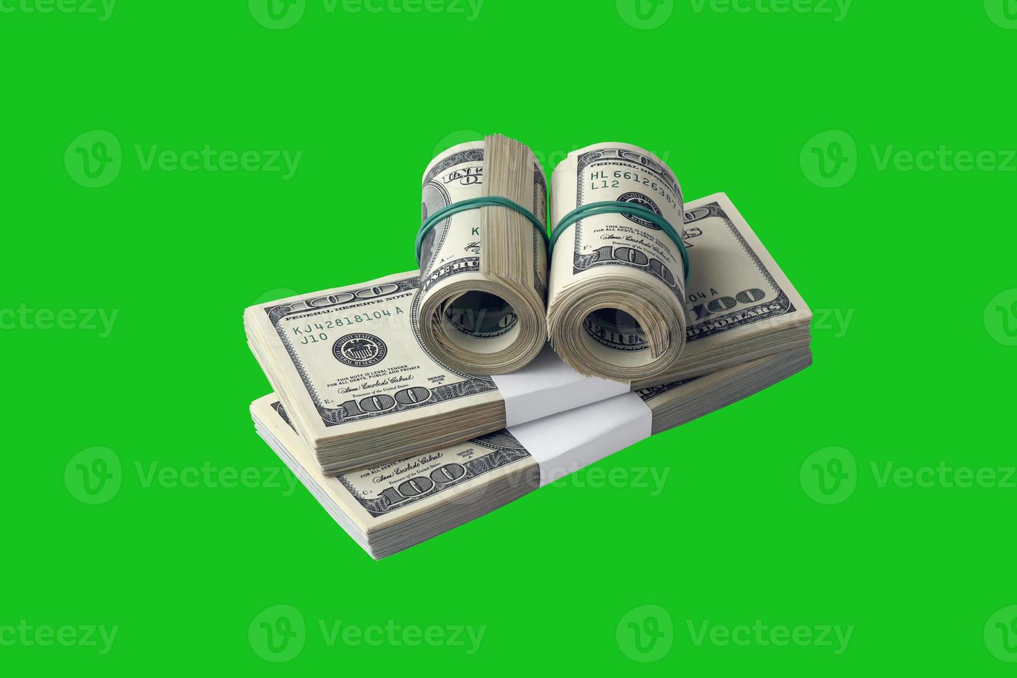 Bundle of US dollar bills isolated on chroma keyer green. Pack of american money with high resolution on perfect green mask photo