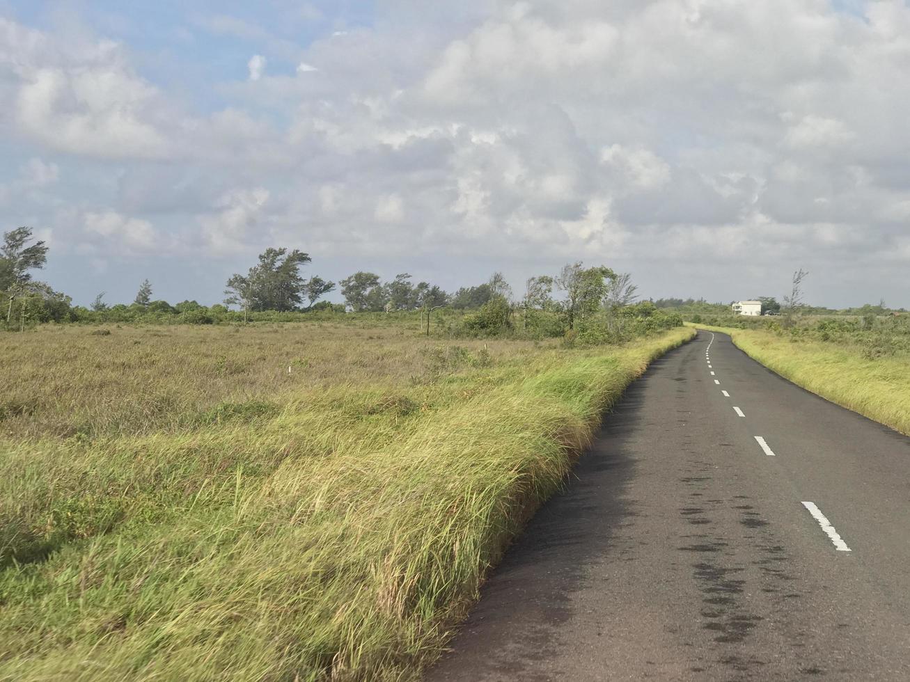 The view of the highway with beautiful grass stretching along the edge of the road and white clouds covering photo