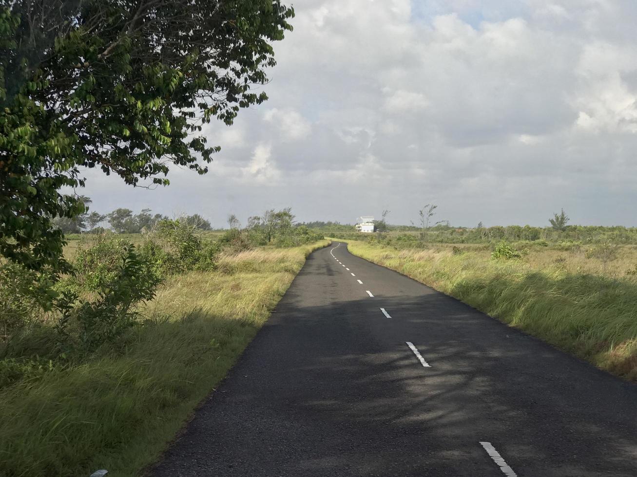 The view of the highway with beautiful grass stretching along the edge of the road and white clouds covering photo