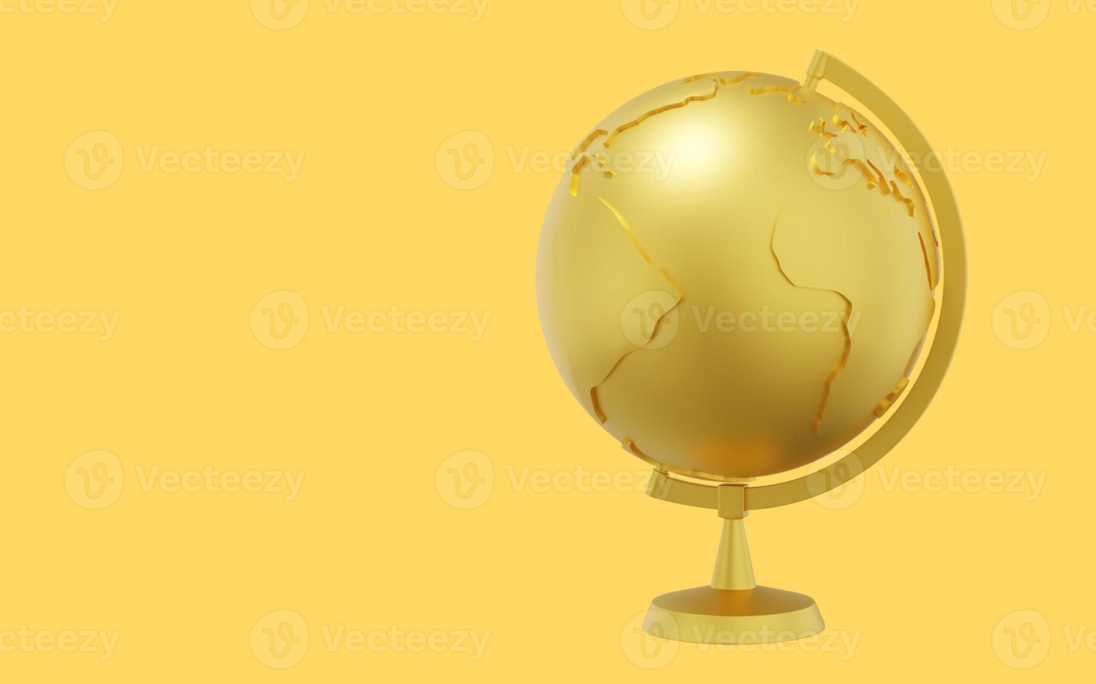 Globe Earth on a stand. Minimalist cartoon.Gold icon on yellow background with space for text. 3D rendering. photo