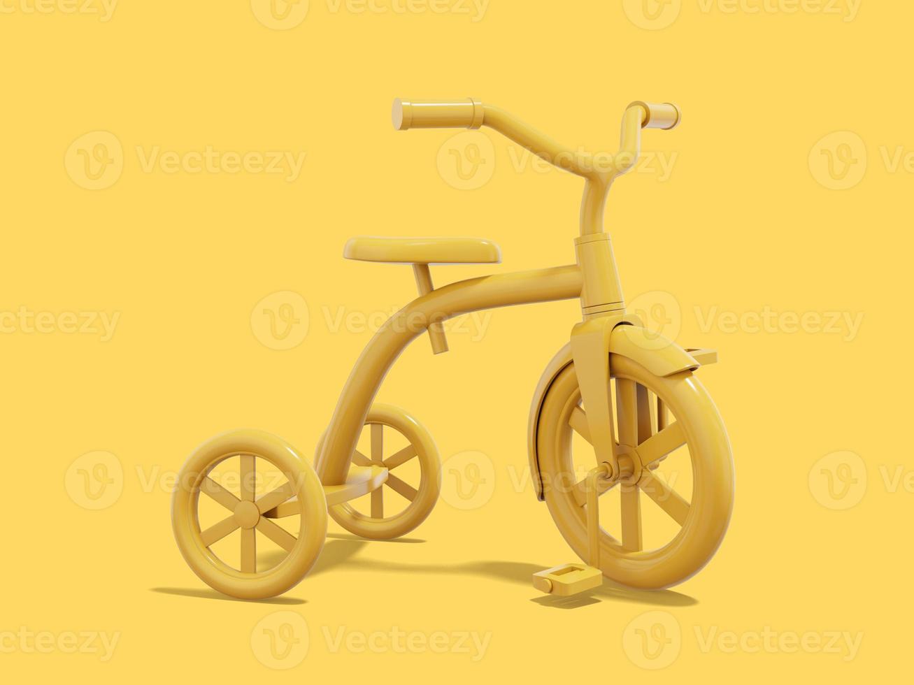 representación 3d triciclo amarillo sobre fondo amarillo. vehículo. foto