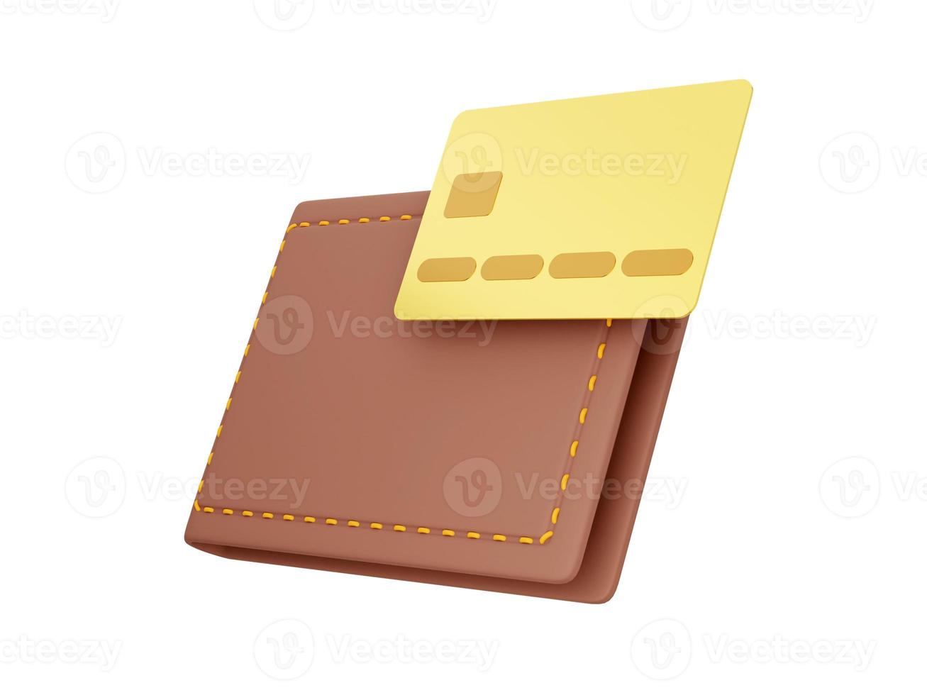 Closed wallet with credit card on white background. Icon savings, enrichment. Payment concept. 3d rendering. photo