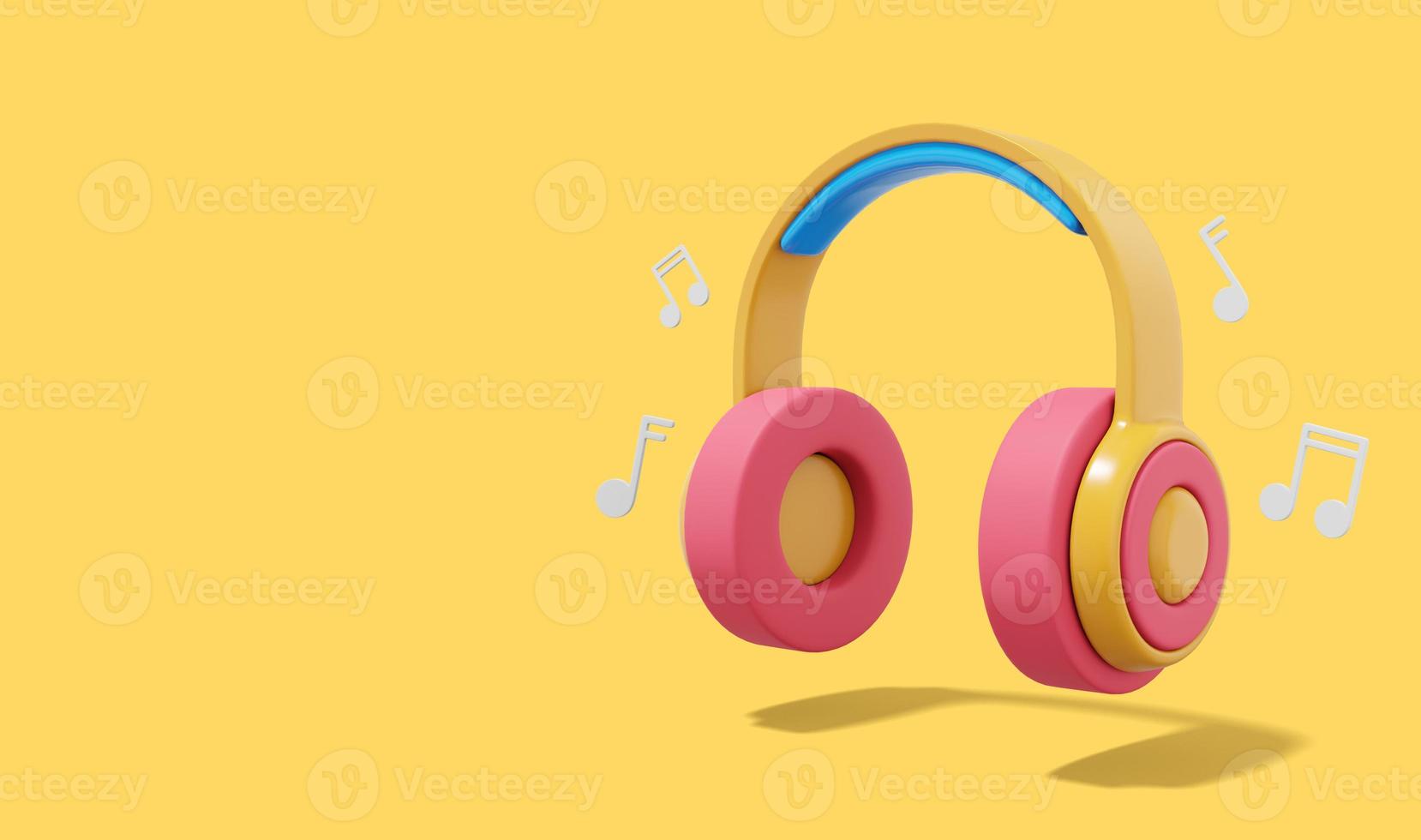 Multicolored headphones with music notes on yellow background with space for text. 3d rendering. photo