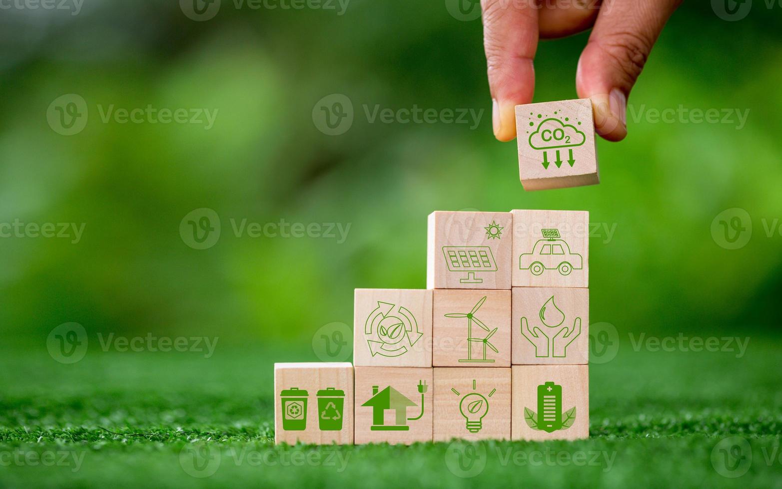 Net zero greenhouse gas emissions reduction with carbon credit concept. Reduce carbon dioxide e.g. renewable energy production improve the efficiency of transportation reduce environmental pollution. photo