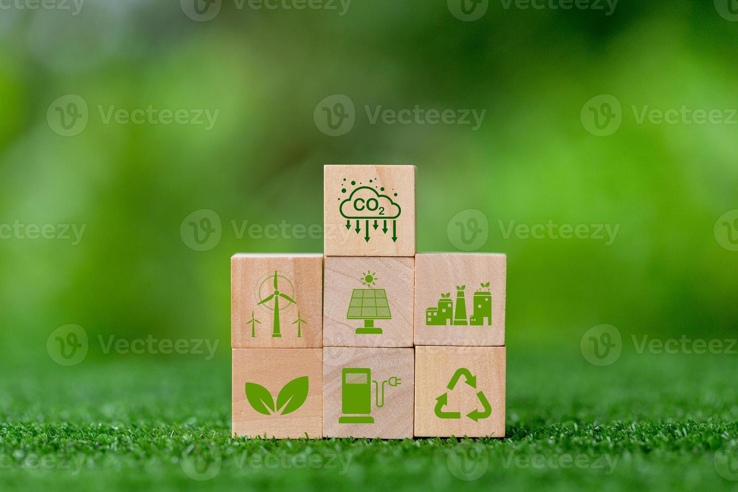 Net zero greenhouse gas emissions reduction with carbon credit concept. Reduce carbon dioxide e.g. renewable energy production improve the efficiency of transportation reduce environmental pollution. photo