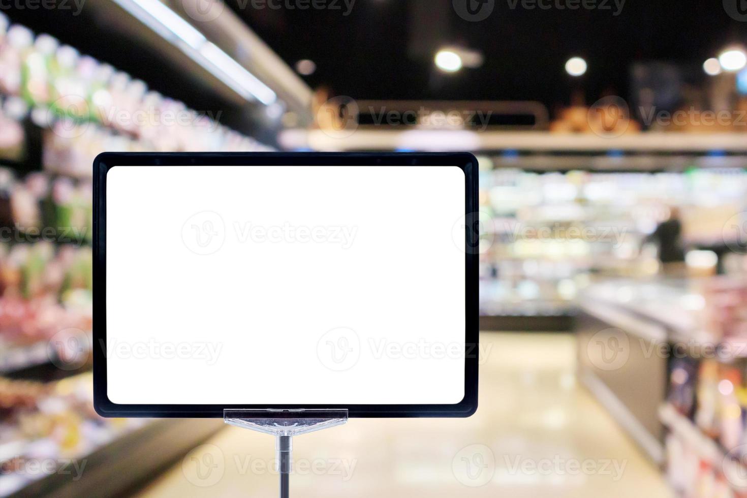 Mock up blank price board poster sign display with supermarket aisle abstract background photo