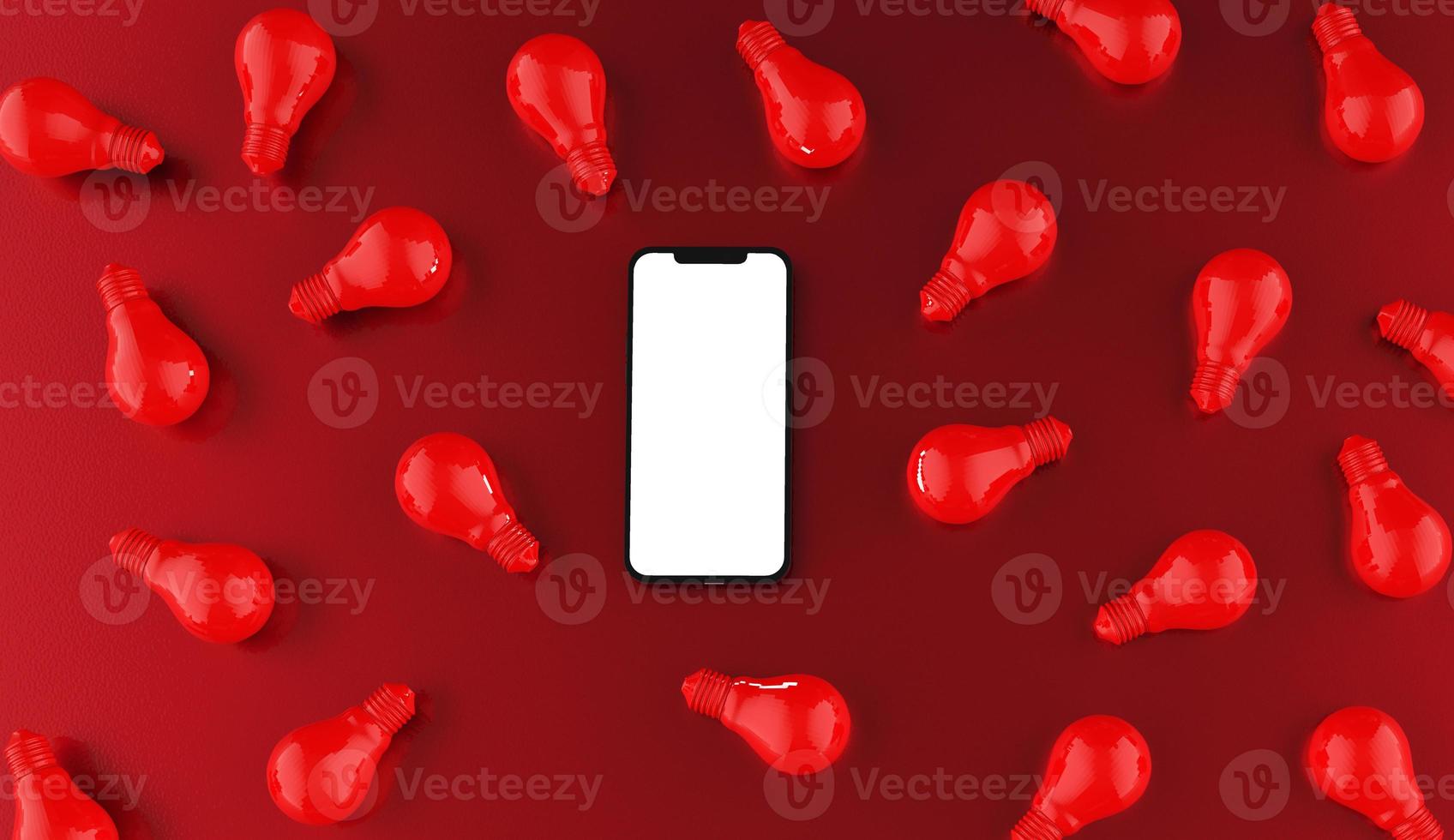 Smartphone and bulbs on red background. 3D Illustration. photo