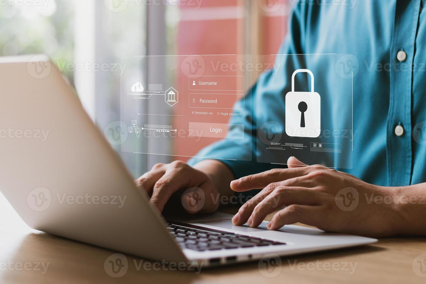 Cybersecurity and privacy concepts to protect data. Lock icon and internet network security technology. Businessmen protecting personal data on laptop and virtual interfaces. photo