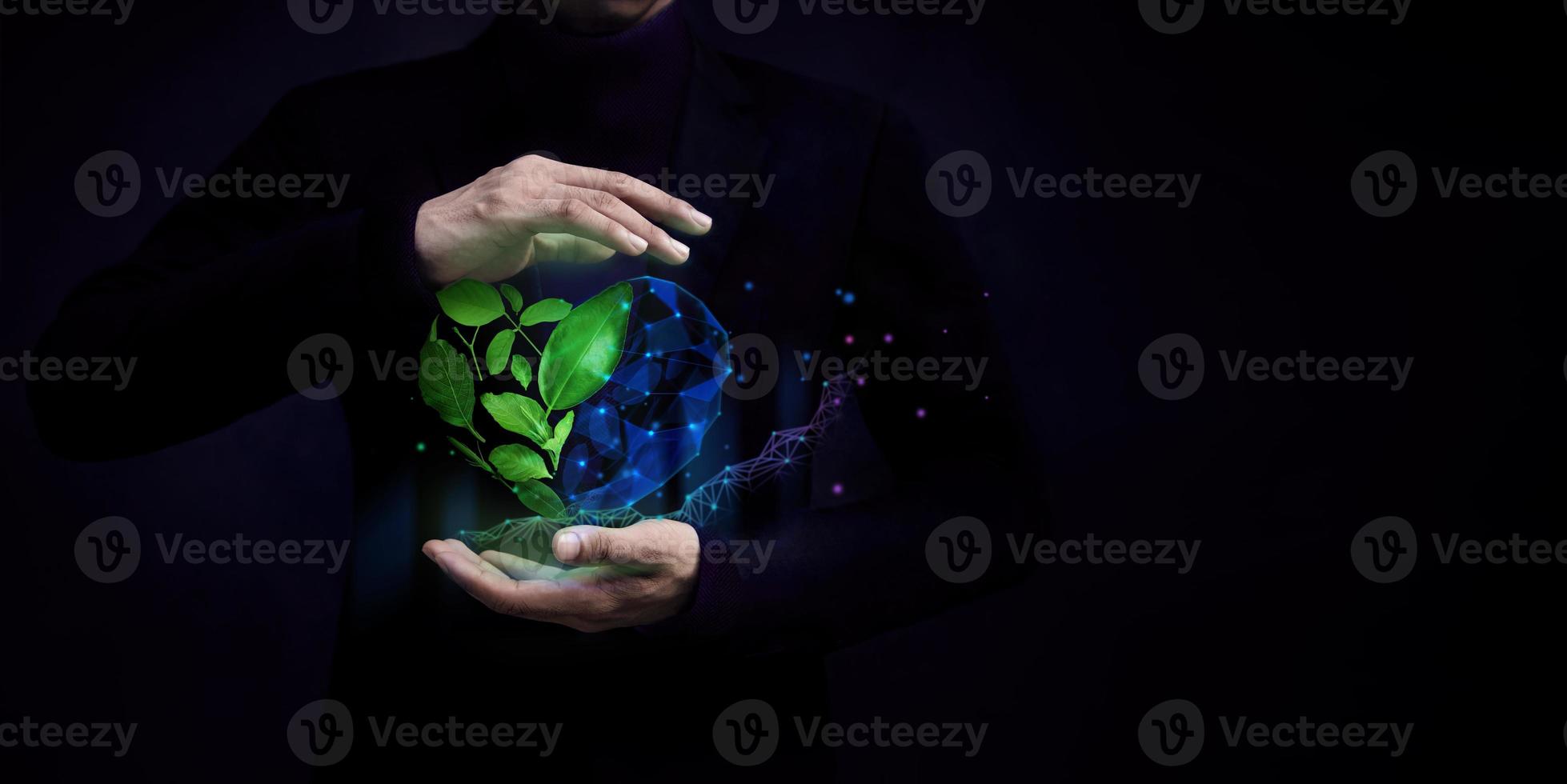 ESG Concept. Nature Meet Technology. Green Leaf as Heart Shape Protected by Gentle Gesture. Green Energy, Renewable and Sustainable Resources. Environmental and Ecology Care photo