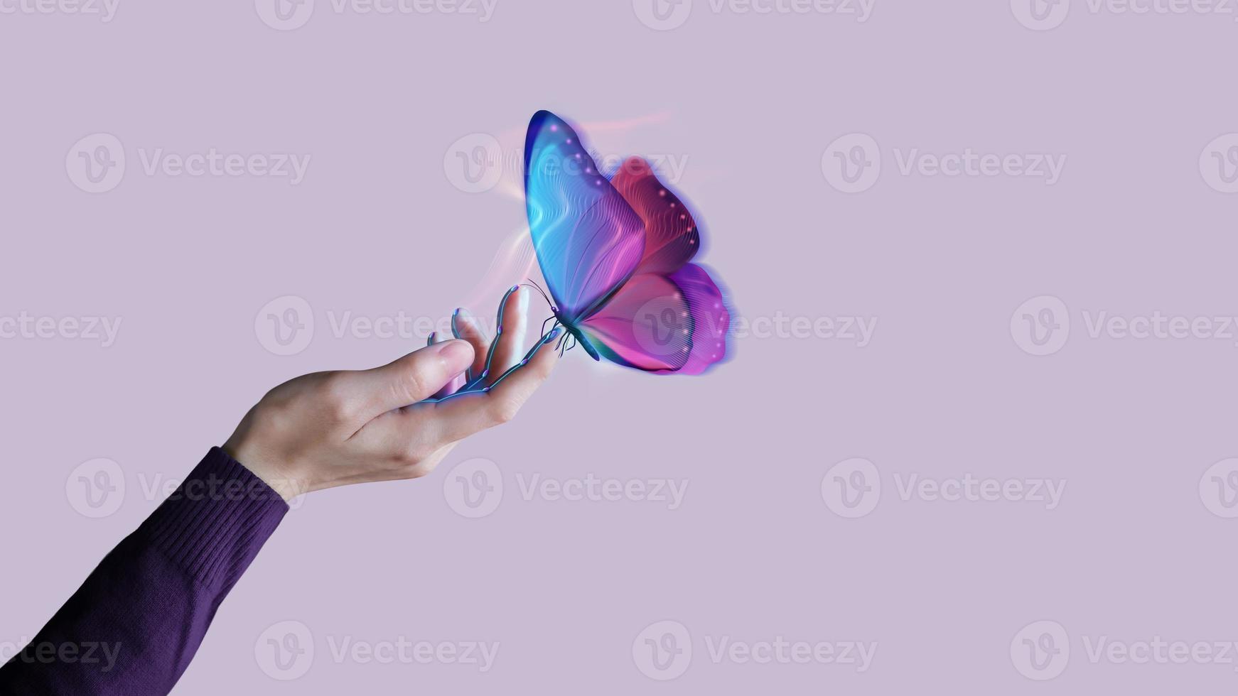 Biosensor Technology Concepts. using for New Experiences with Metaverse, Web3 and Blockchain. Hand Interacting with the Computer Graphic Surrealism Butterfly via Biosensor Tech photo