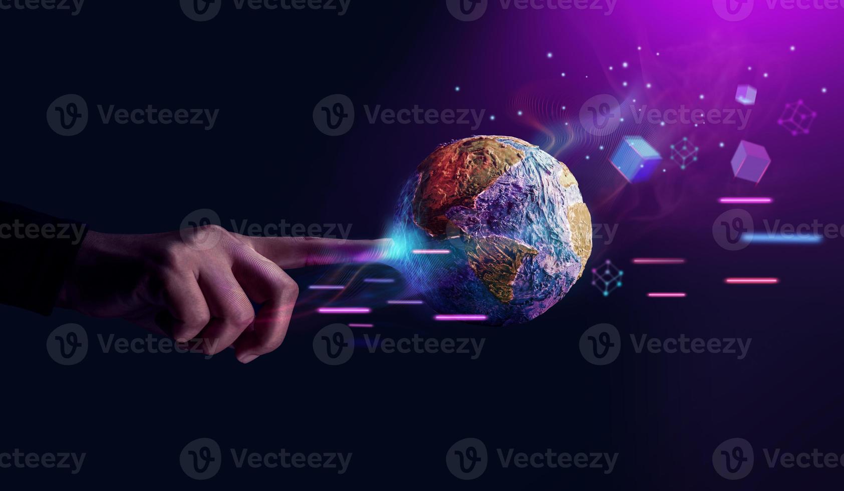 World Technology Concepts. Metaverse, Web3 and Blockchain. Global Network and Data Exchange. Worldwide Business. Hand Touching to Interact with the Globe photo