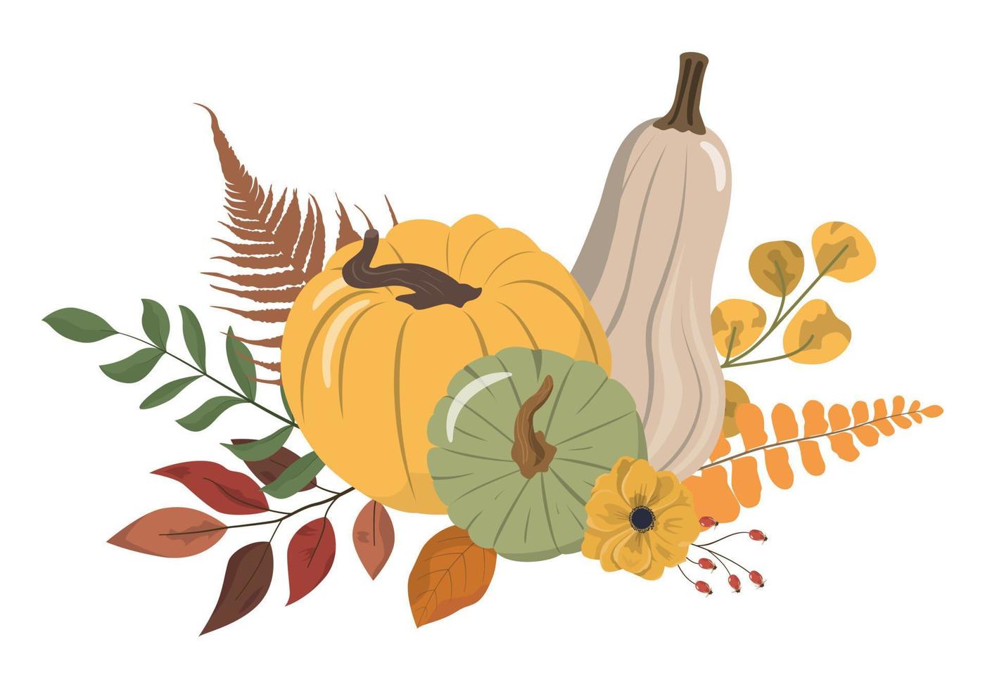 lindo ramo floral de otoño de dibujos animados con coloridas calabazas, flores y hojas de bosque. aislado sobre fondo blanco. ilustración de cosecha estacional vector