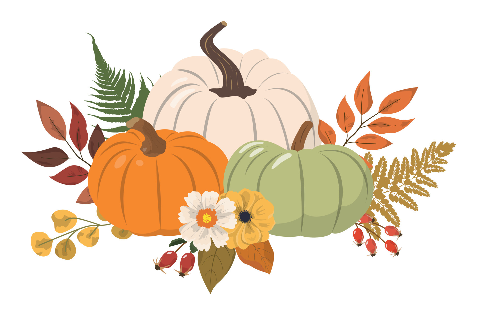 Cartoon Fall Floral Arrangement With Colorful Pumpkins Flowers And Cartoon Fall Floral Arrangement With Colorful Pumpkins Flowers And Forest Leaves Isolated On White Background Seasonal Harvest Illustration Vector