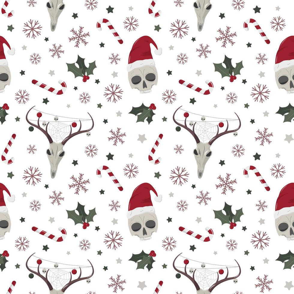 Christmas skulls seamless pattern. Hand drawn human and deer skulls, candies and snowflakes. Spooky and scary halloween skull. Isolated on white background. vector